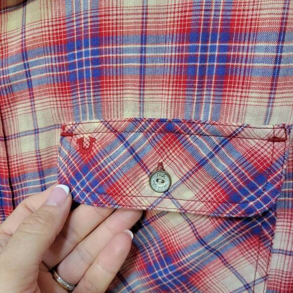 True‎ Religion Shirt Men 2XL Red Tartan Plaid Gingham Double Lined Long Sleeve - Picture 5 of 11